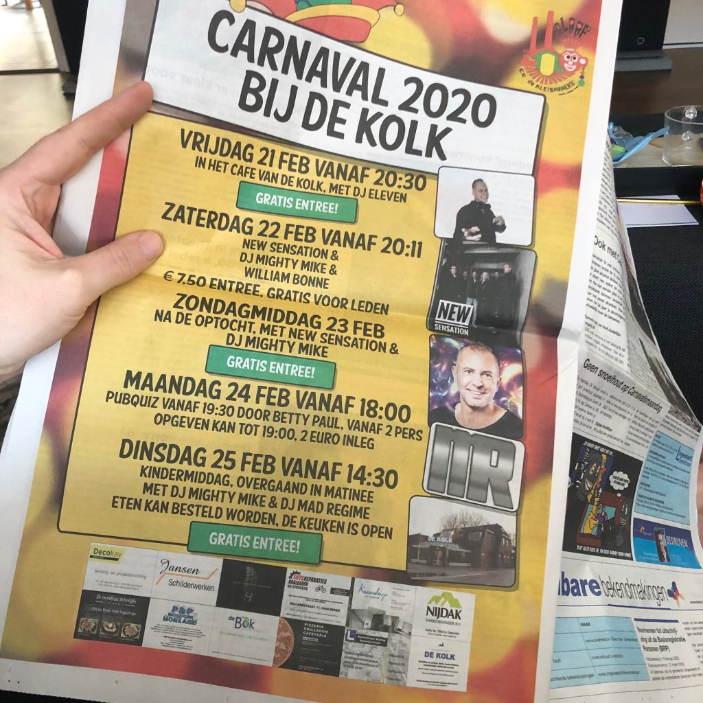 Advertentie carnaval 2020, voor de regionale krant in Lingewaard.